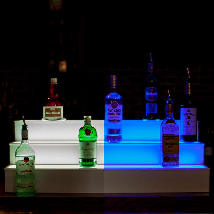 BarConic® LED Liquor Bottle Display Shelf - 3 Tier (Step) - White - Multi-Colored Lights