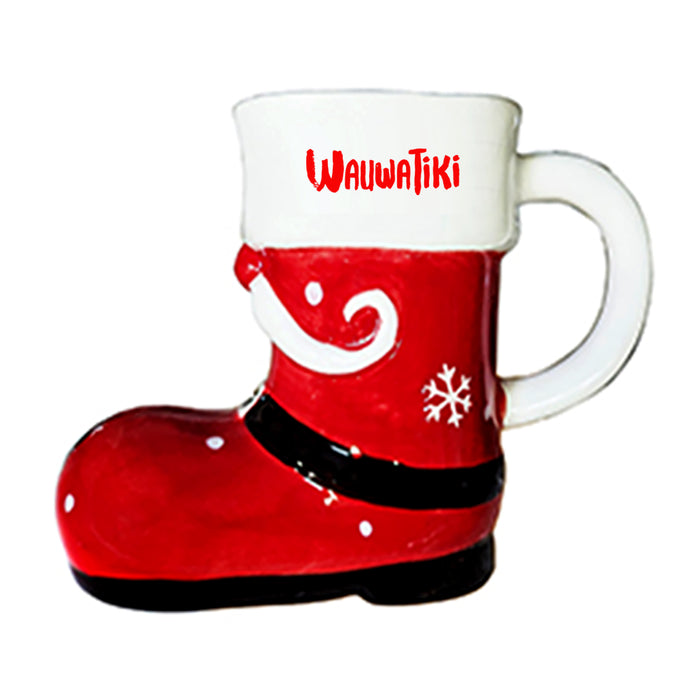Red boot-shaped mug with white top and 'Wauwatiiki' branding on a white background