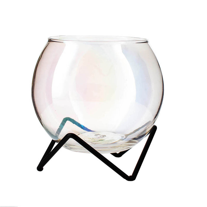 Imprinted Glass Iridescent Cauldron with Black Metal Stand - 13.5oz.