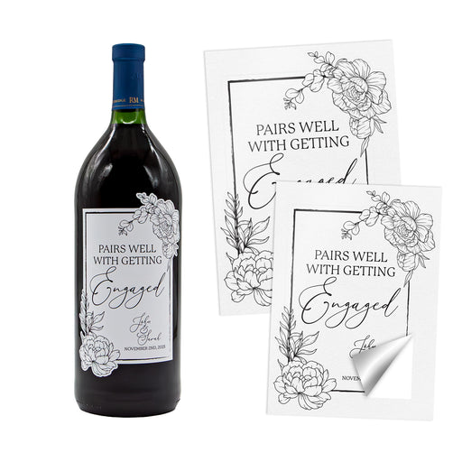 Wine bottle with 'Pairs Well with Getting Engaged' label on a white background