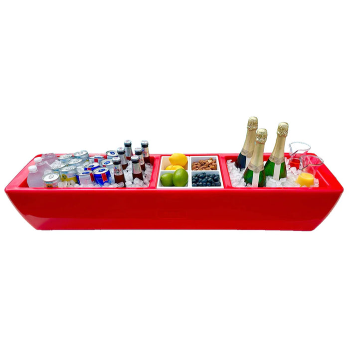 Red boat-shaped cooler with drinks and snacks on a white background