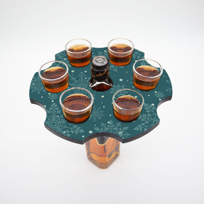 6-Shooter Wood Shot Glass Caddy Tray and Bottle Topper - "Snowflakes"