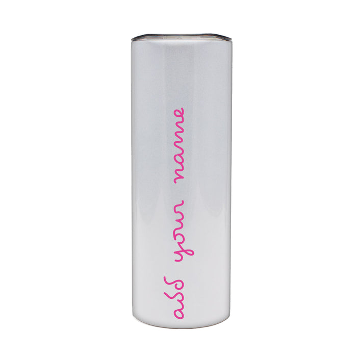 White cylindrical container with pink text on a white background