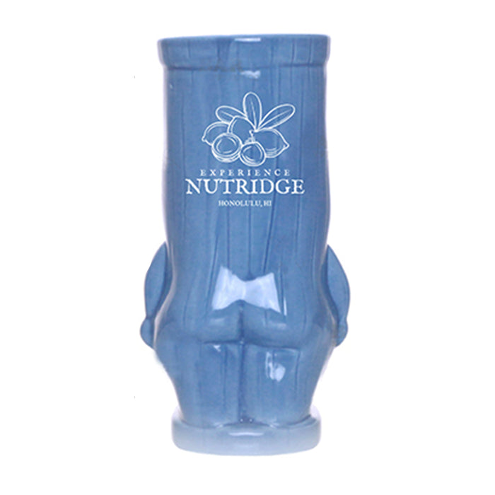 Blue mug with Nutridge branding on a white background