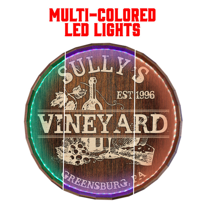 Custom LED Wood Barrel Top Sign - Vineyard