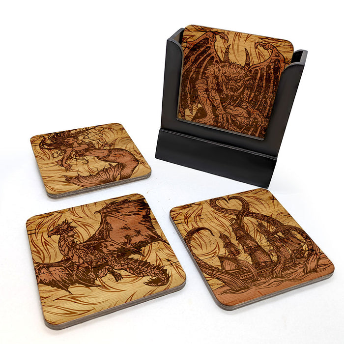 Wooden Coasters - Mythological Creatures - Set of 4 w/ Coaster Caddy