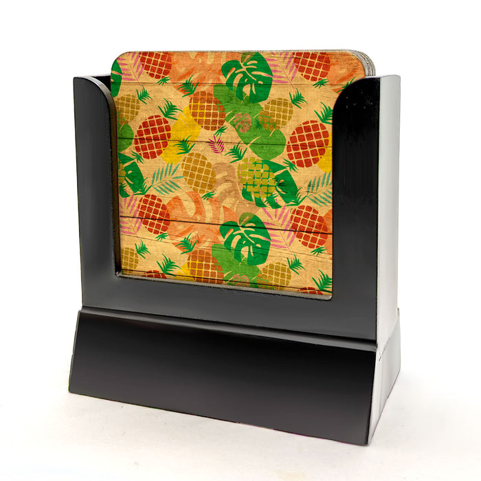 Wooden Coasters - Pineapple - Set of 4 w/ Coaster Caddy