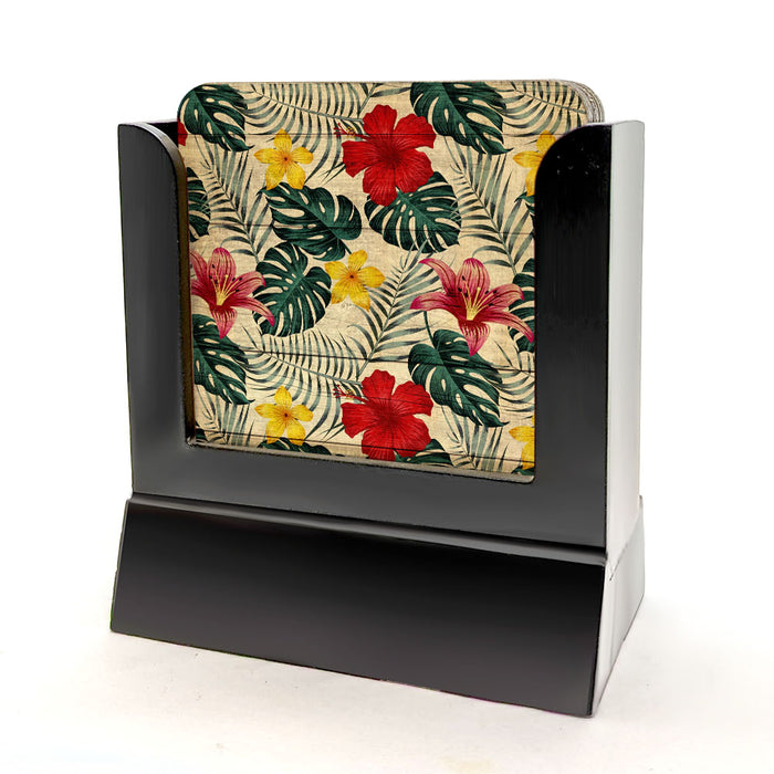 Wooden Coasters - Tropical Floral - Set of 4 w/ Coaster Caddy