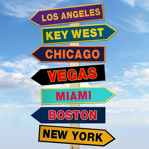 Colorful signpost with city names against a blue sky