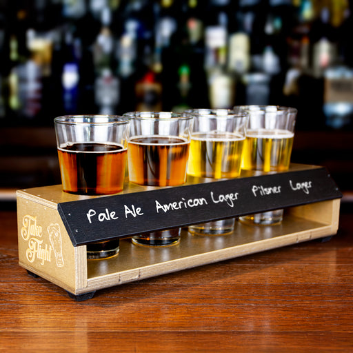 Beer Flight Tray With Angled Chalkboard with stain option and holds 4 flare Glasses