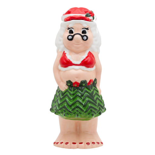 Figurine of a character wearing a Santa hat, bikini top, and hula skirt on a white background