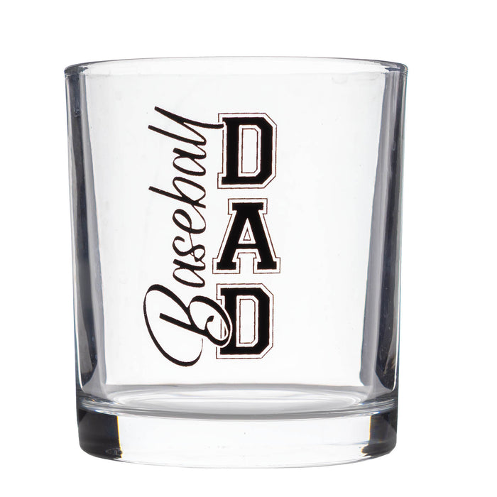 A clear glass tumbler with a thick base, featuring the words 'Baseball DAD' printed on the front in black and white.