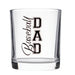 A clear glass tumbler with a thick base, featuring the words 'Baseball DAD' printed on the front in black and white.