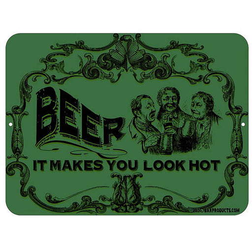 Green sign with black text and vintage-style illustration of people around a beer mug.