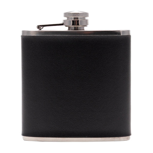 Black leather flask with silver cap on a white background