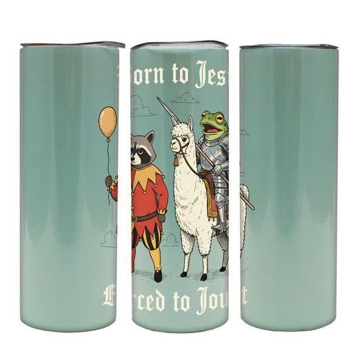 Three cylindrical tumbler designs with illustrated characters on a light green background.