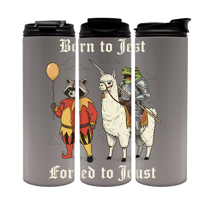 Three travel mugs with illustrated characters and text on a gray background