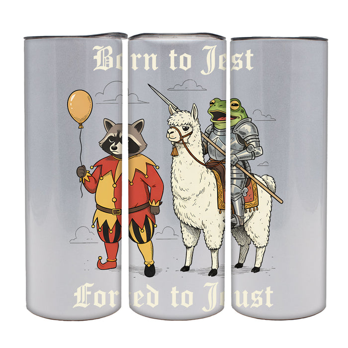 Three cylindrical tumbler designs featuring cartoon characters with text 'Born to Jest' and 'Forced to Jest'.