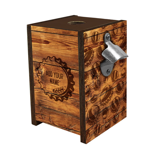 Wooden Bottle Cap Holder Box with Metal Bottle Opener - Walnut Stain - Beer Cap Design