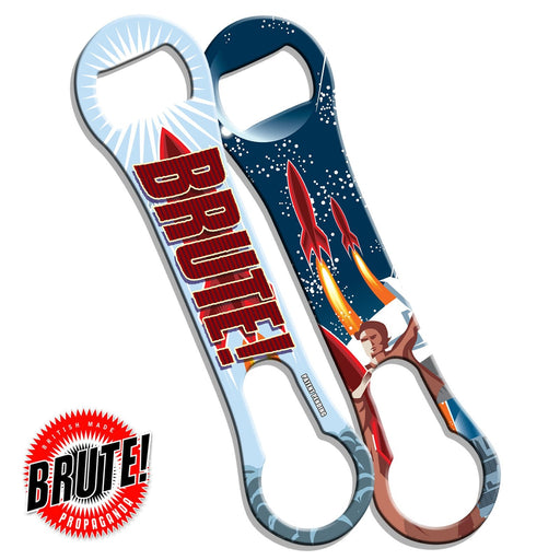 Bottle opener with space-themed design and 'BRUTE!' branding on a white background