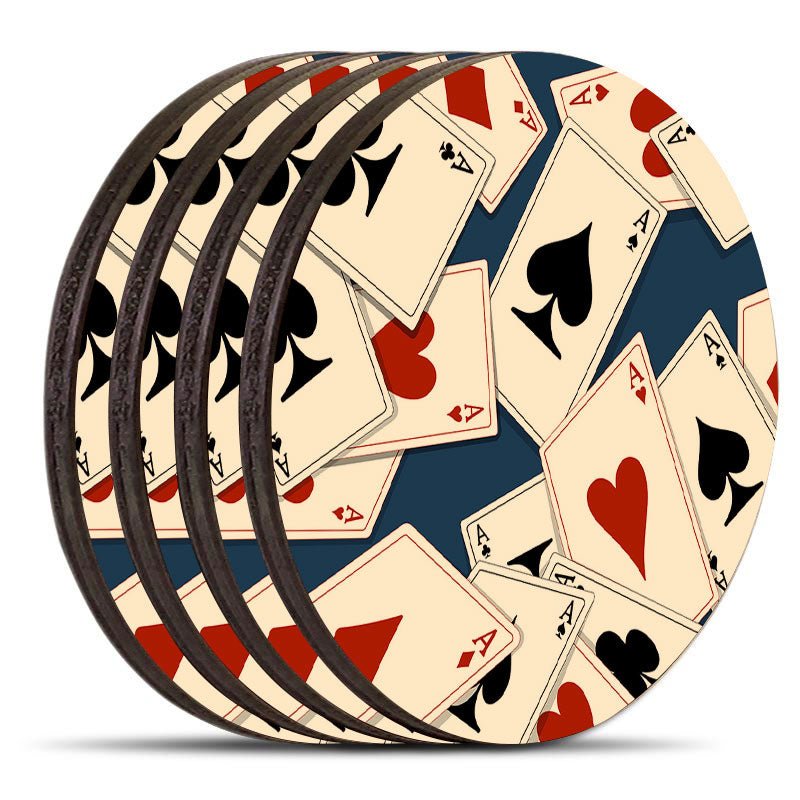 Wooden Round Coasters - Playing Cards - Set of 4 W/ Coaster Caddy - Bar ...