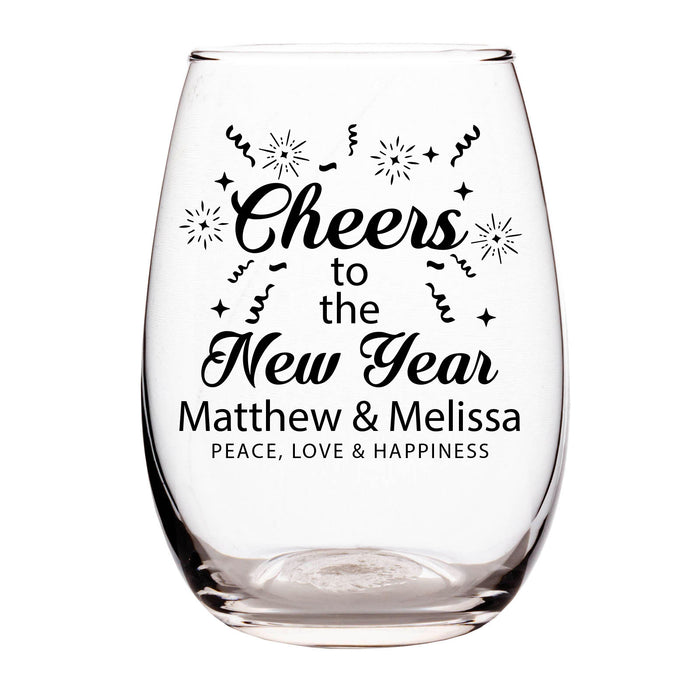 Clear glass wine glass with 'Cheers to the New Year' text and personalized names on a white background