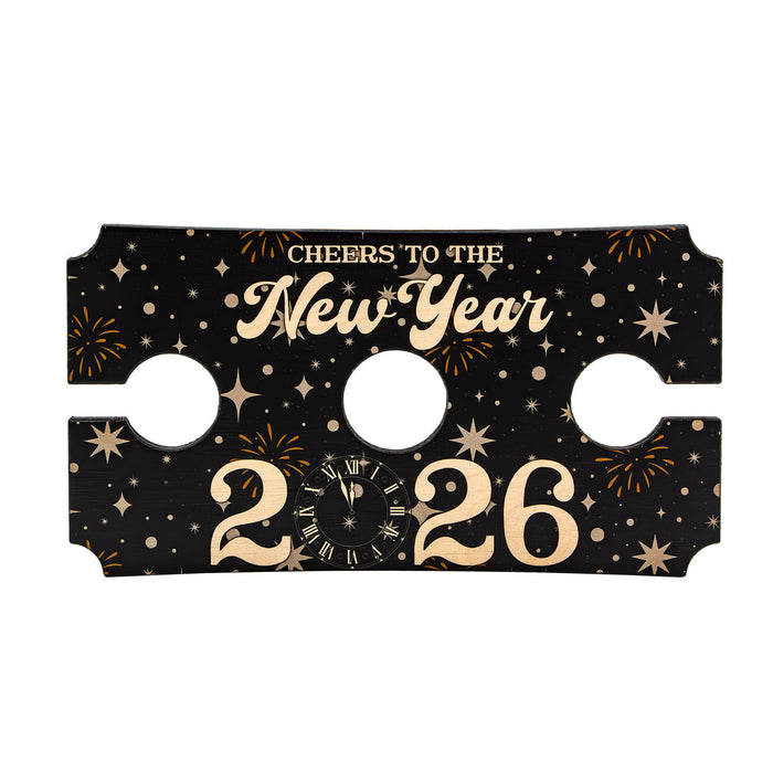 New Year's eve wine glass caddy with 'Cheers to the New Year 2026' text on a black background with gold accents.