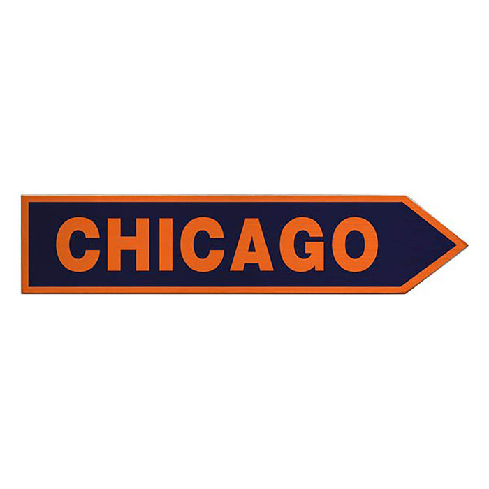 Sign with 'CHICAGO' text on a blue arrow-shaped background