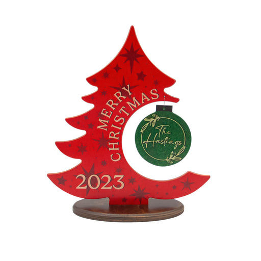 Custom Wooden Standing Christmas Tree Plaque With Custom Name Ornament - Red Stars
