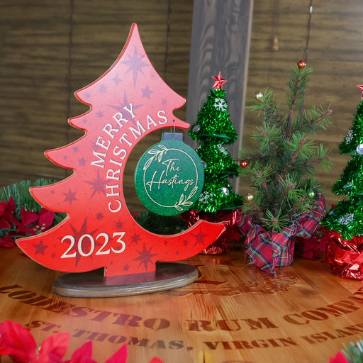 Custom Wooden Standing Christmas Tree Plaque With Custom Name Ornament