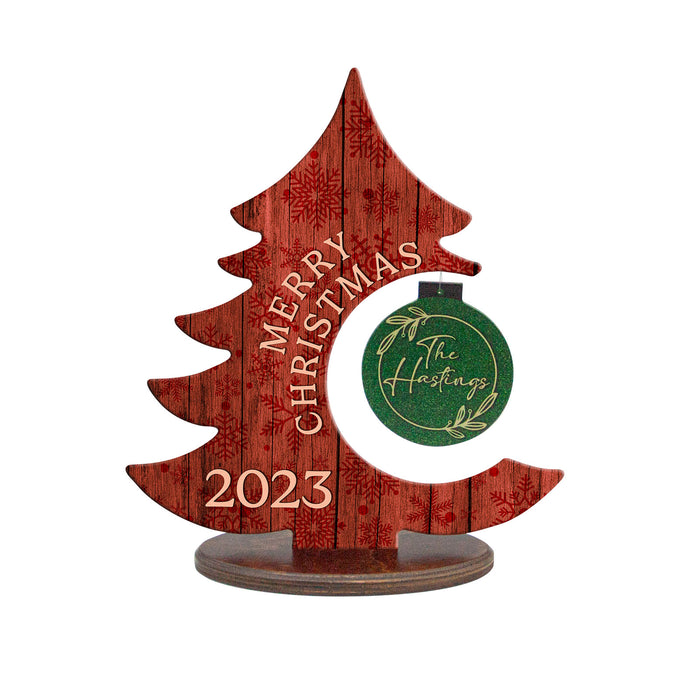 Custom Wooden Standing Christmas Tree Plaque With Custom Name Ornament - Red Snowflakes