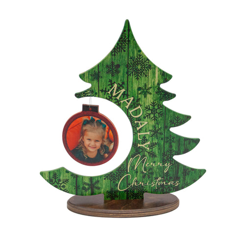 Custom Wooden Standing Christmas Tree Plaque With Photo Ornament - Green Snowflakes