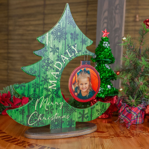 Custom Wooden Standing Christmas Tree Plaque With Photo Ornament 