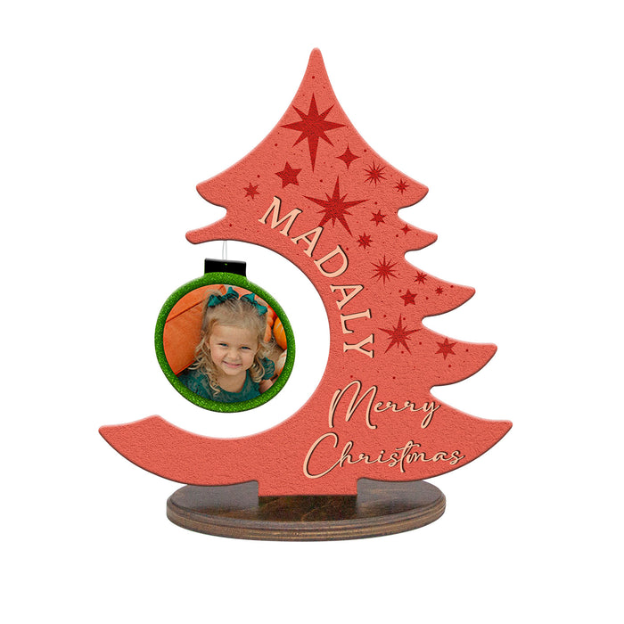 Custom Wooden Standing Christmas Tree Plaque With Photo Ornament - Red Stars