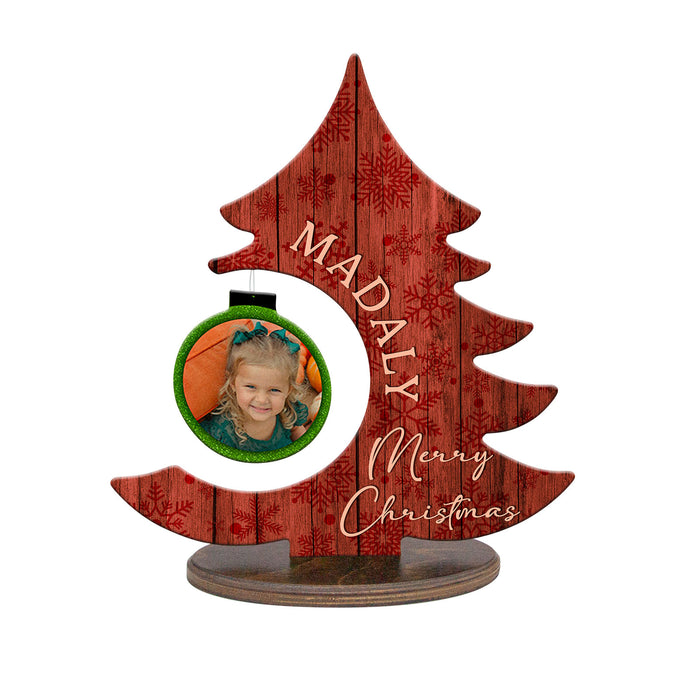 Custom Wooden Standing Christmas Tree Plaque With Photo Ornament - Red Snowflakes