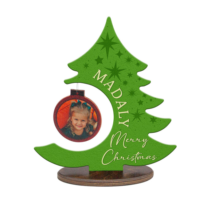 Custom Wooden Standing Christmas Tree Plaque With Photo Ornament - Green Stars