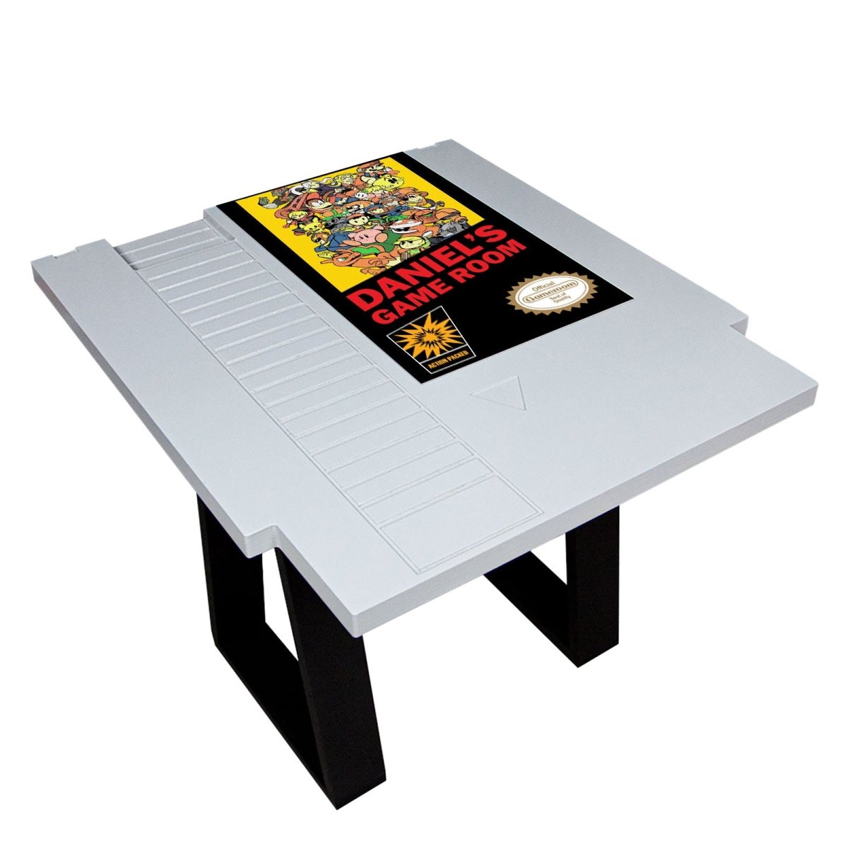 Table with a retro gaming console design and personalized banner on a white background