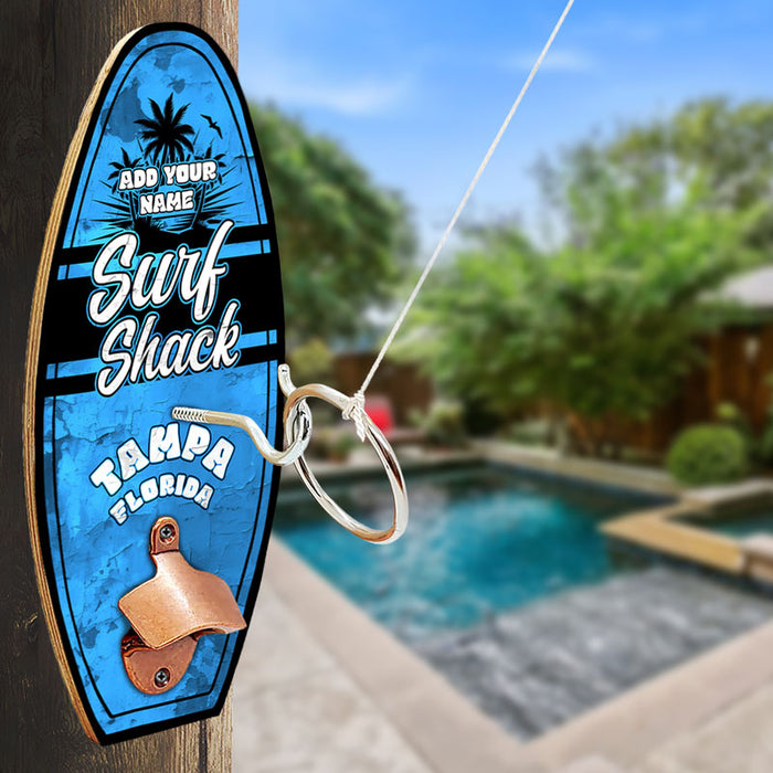 Custom Wall Mounted Ring Toss Game with Bottle Opener - Surfboard - Surf Shack - Blue