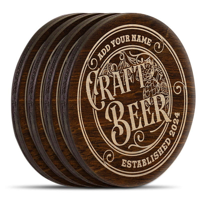 Wooden Round Coasters - Customizable Engraved - Craft Beer Theme - Set of 4