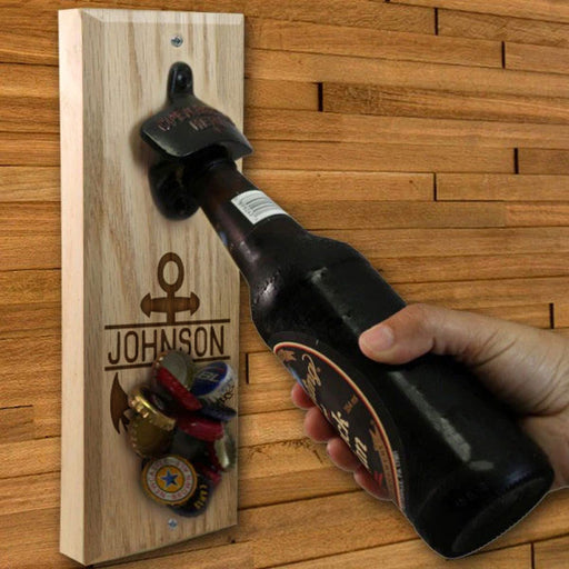 Custom Engraved Anchor Wooden Wall Bottle Opener w/ Magnetic Cap Catcher