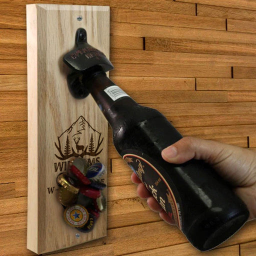 Custom Engraved Mountain Cabin Design Wooden Wall Bottle Opener w/ Magnetic Cap Catcher