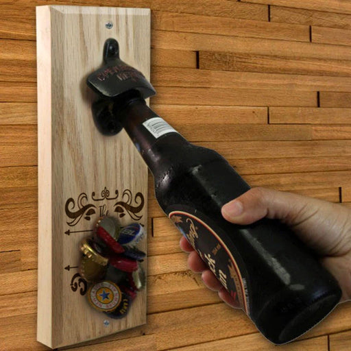 Custom Engraved Family Name Decorative Design Wooden Wall Bottle Opener w/ Magnetic Cap Catcher