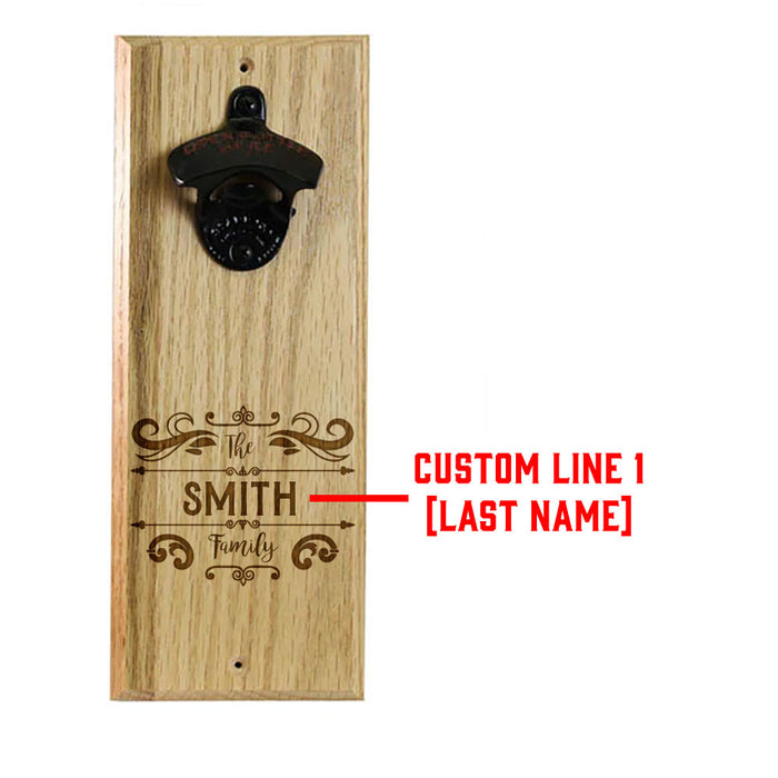 Custom Engraved Family Name Decorative Design Wooden Wall Bottle Opener w/ Magnetic Cap Catcher