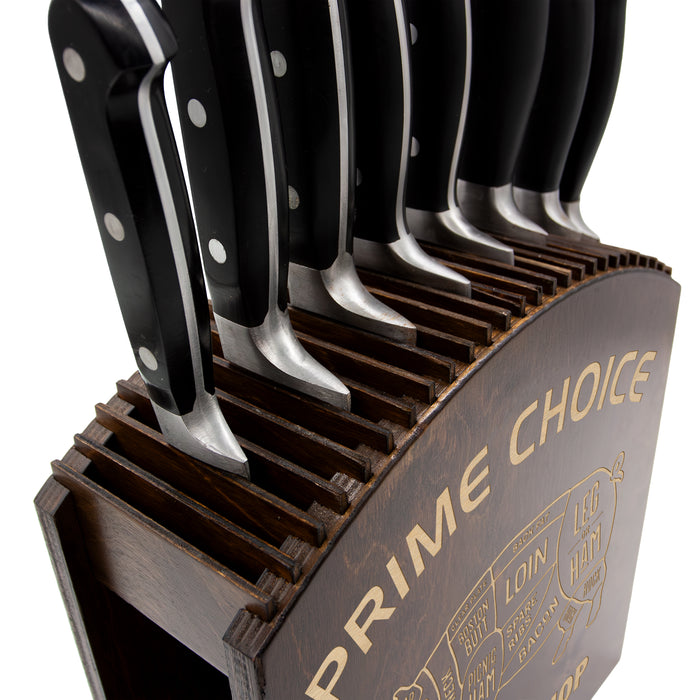 Set of knives in a wooden block with 'Prime Choice' branding on a white background