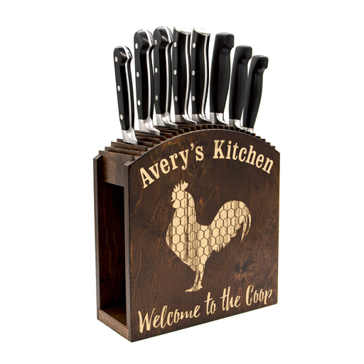 Knife block set with 'Avery's Kitchen' branding and rooster design on a white background