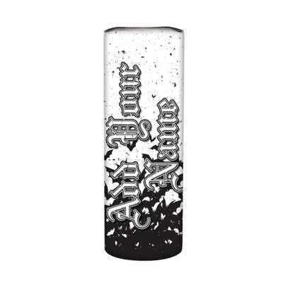 A tall, narrow cylindrical bottle or tumbler with a black and white distressed design. The design features the words 'Aid To Your Self Destruction' in a stylized gothic font, with a black gradient and splatter pattern at the bottom.
