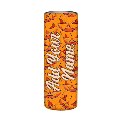 A cylindrical tumbler with a Halloween theme, featuring an orange background patterned with jack-o'-lantern faces and the words 'Add Your Name' in a white cursive font, shown on a plain white background.