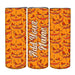 Three tall cylindrical tumblers with a Halloween jack-o'-lantern pattern on a bright orange background. The left and right tumblers show the same repeating orange, red, black, and white pumpkin face pattern, while the center tumbler has the words 'Add Your Name' printed vertically in white script.