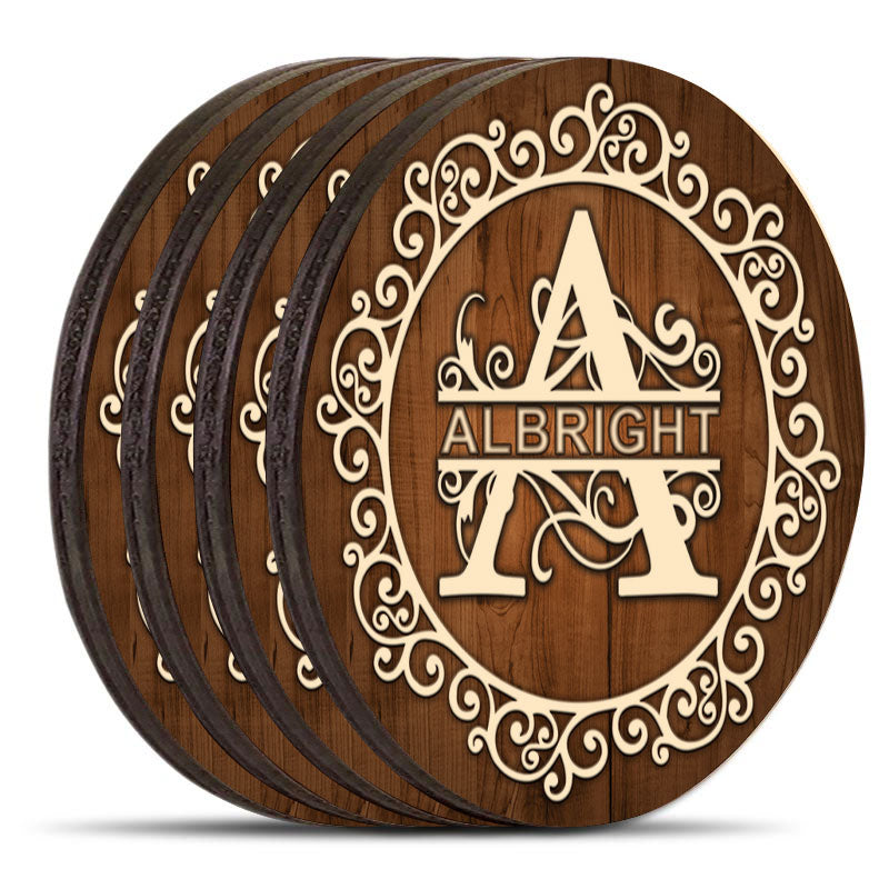 Wooden Round Coasters - Customizable - DARK WOOD With Decorative Design