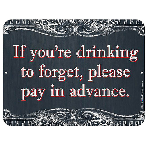 Metal sign with decorative border and red text on a black background